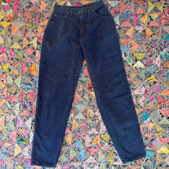 VTG Lee Railroad Pinstripe High Waist Made USA 13 Womens Jeans Leather Patch 80s - Picture 3 of 8